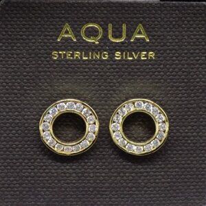 Aqua Stud Earrings Circle White Clear CZ Yellow Gold Vermeil 925 Sterling Silver